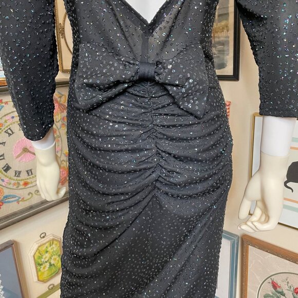 80s Vintage Milano Sexy Black Glitter Backless Cocktail Dress with Butt Ruching - Picture 9 of 10